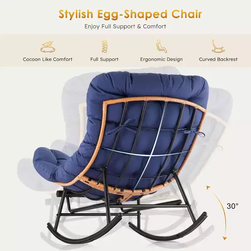 COZONY Set di 2 poltrone Papasan a dondolo, oversize con poggiapiedi, cuscino spesso rimovibile, struttura in metallo, rattan PE, per patio, portico, giardino, soggiorno