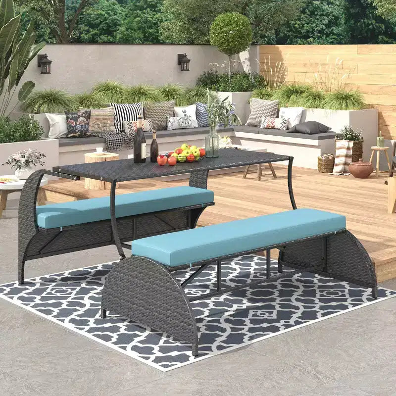 Divanetto da esterni per patio in rattan moderno, set da conversazione a 2 posti, panca imbottita convertibile da picnic, tavolo da picnic portatile, divano