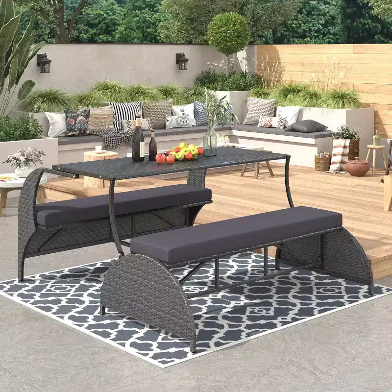 Divanetto da esterni per patio in rattan moderno, set da conversazione a 2 posti, panca imbottita convertibile da picnic, tavolo da picnic portatile, divano