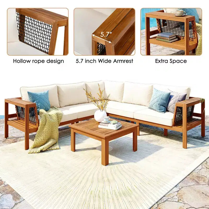 GDFStudio Alberta - Set da Patio Moderno a 4 Pezzi con Divano a L in Legno di Acacia, Braccioli in Corda Intrecciata, Tavolino da Caffè e Cuscini