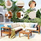 GDFStudio Alberta - Set da Patio Moderno a 4 Pezzi con Divano a L in Legno di Acacia, Braccioli in Corda Intrecciata, Tavolino da Caffè e Cuscini