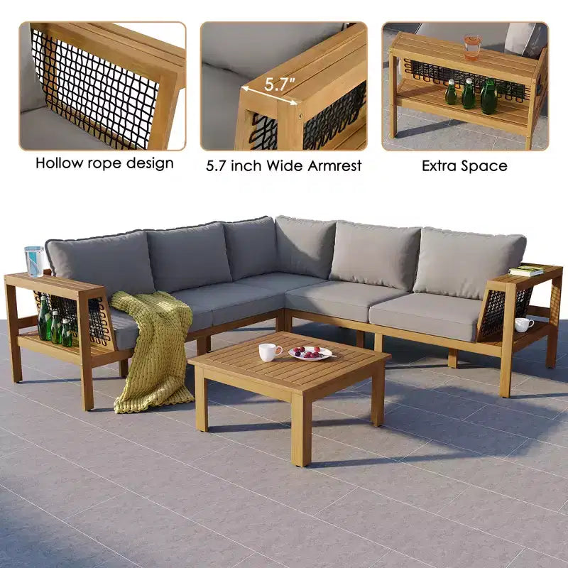 GDFStudio Alberta - Set da Patio Moderno a 4 Pezzi con Divano a L in Legno di Acacia, Braccioli in Corda Intrecciata, Tavolino da Caffè e Cuscini