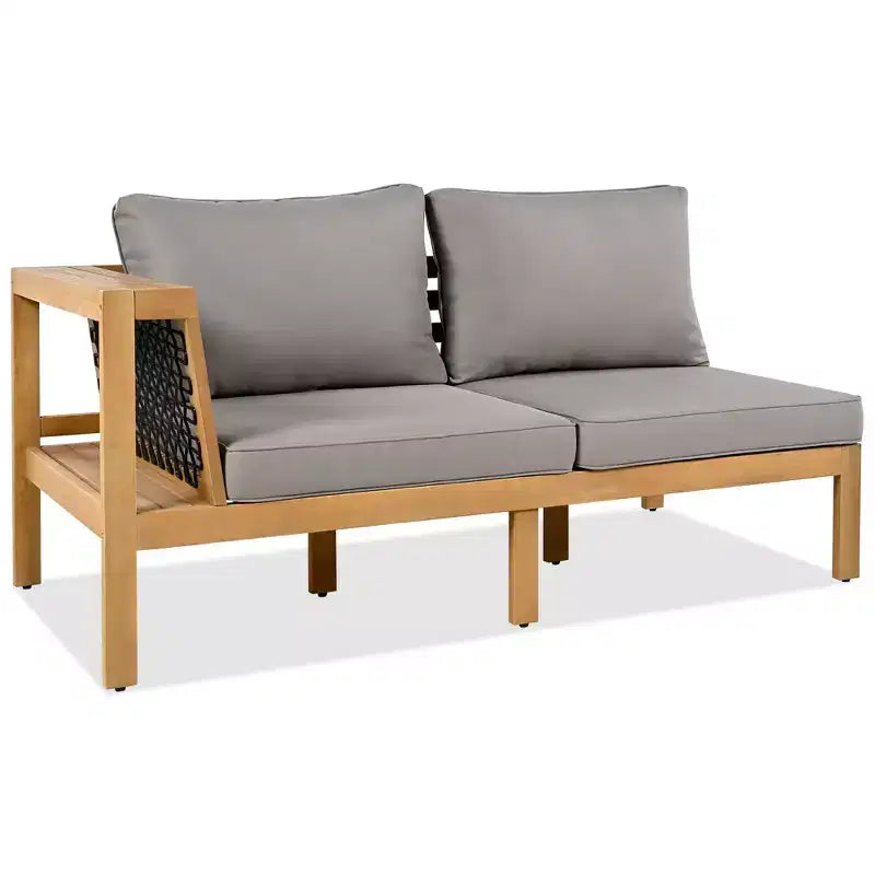 GDFStudio Alberta - Set da Patio Moderno a 4 Pezzi con Divano a L in Legno di Acacia, Braccioli in Corda Intrecciata, Tavolino da Caffè e Cuscini