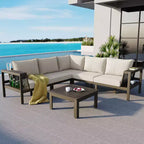 GDFStudio Alberta Patio Modern 4-Piece Acacia Wood L-Shaped Sofa Set with Woven Rope Armrests, Coffee Table, and Cushions