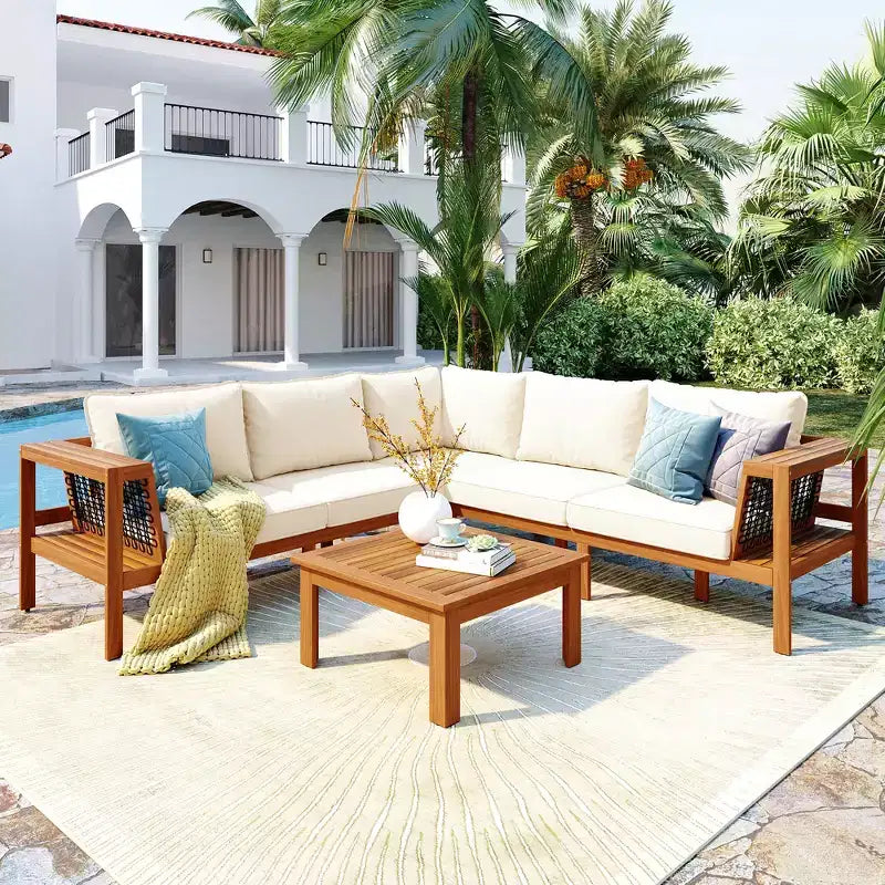 GDFStudio Alberta - Set da Patio Moderno a 4 Pezzi con Divano a L in Legno di Acacia, Braccioli in Corda Intrecciata, Tavolino da Caffè e Cuscini