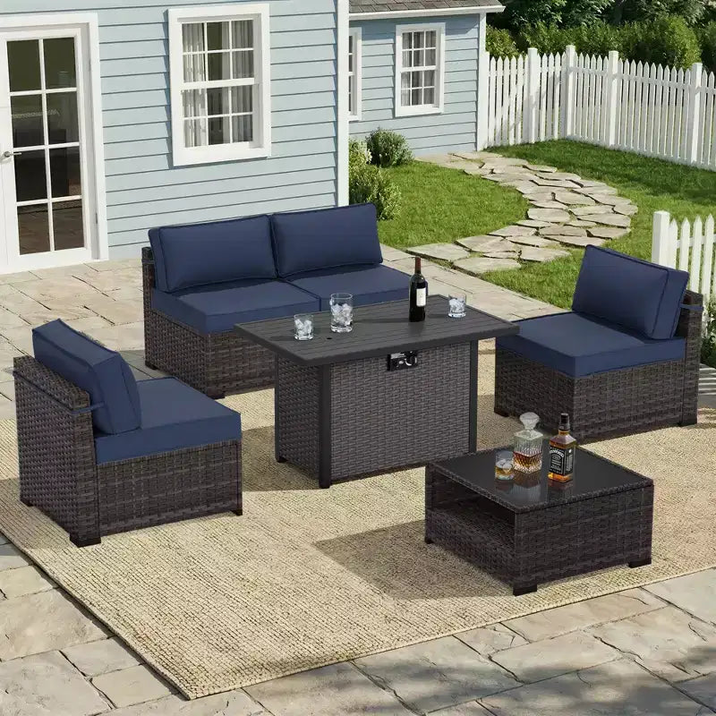 Set da patio UPTIOT da 6 pezzi: 4 sedie laterali, tavolo con braciere grigio e tavolino da caffè in vetro temperato per eleganti riunioni all'aperto