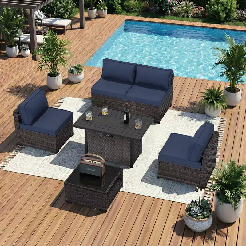 Set da patio UPTIOT da 6 pezzi: 4 sedie laterali, tavolo con braciere grigio e tavolino da caffè in vetro temperato per eleganti riunioni all'aperto
