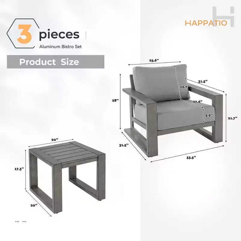 Set di mobili da giardino in alluminio HAPPATIO, set da conversazione da esterno a 3 pezzi oversize con seduta profonda e bracciolo largo, copertura Sunbrella inclusa