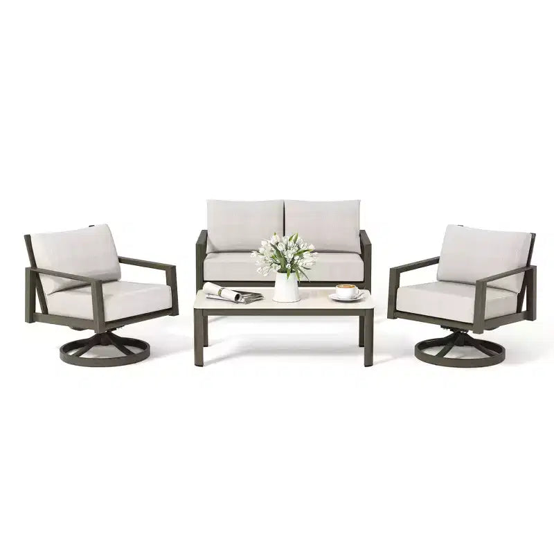 Set da conversazione per patio HAPPATIO, set di mobili da patio a 4 pezzi in alluminio di grandi dimensioni con schienale in corda intrecciata per giardino, portico, balcone