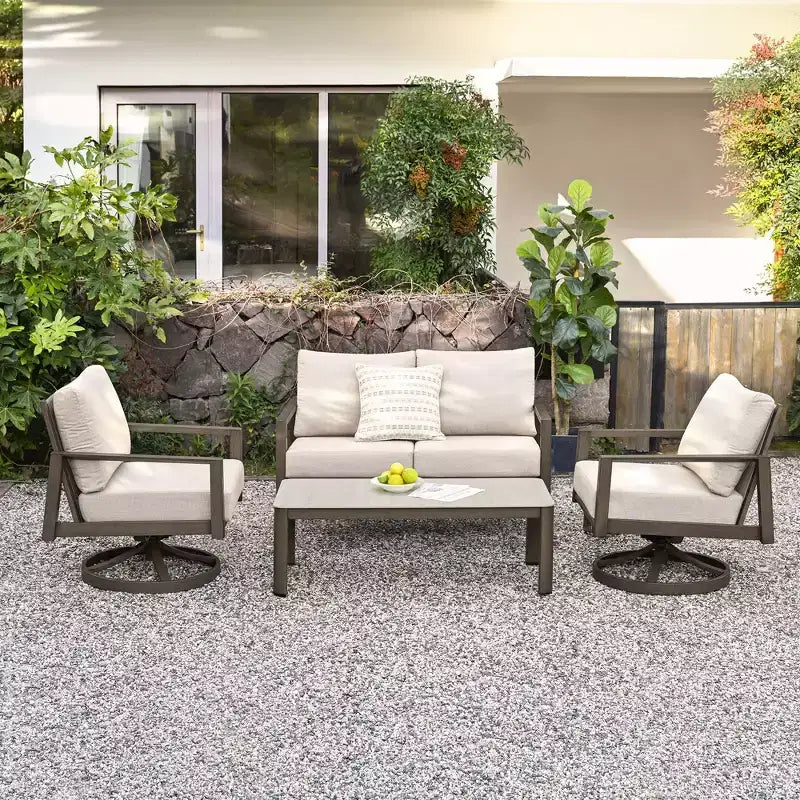 Set da conversazione per patio HAPPATIO, set di mobili da patio a 4 pezzi in alluminio di grandi dimensioni con schienale in corda intrecciata per giardino, portico, balcone