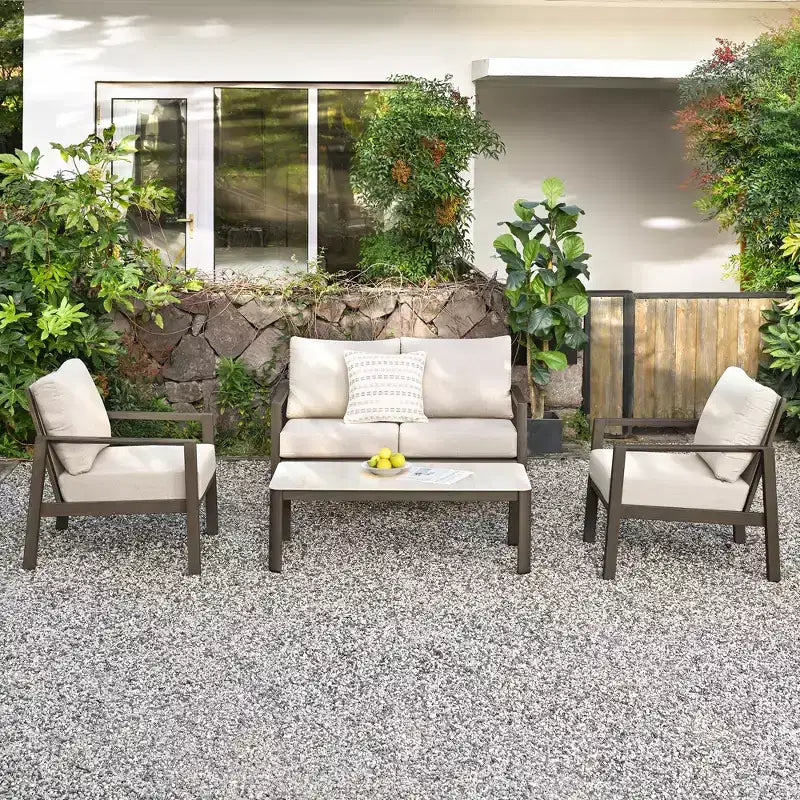 Set da conversazione per patio HAPPATIO, set di mobili da patio a 4 pezzi in alluminio di grandi dimensioni con schienale in corda intrecciata per giardino, portico, balcone