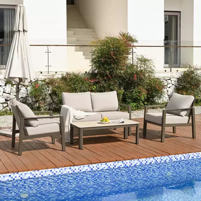 Set da conversazione per patio HAPPATIO, set di mobili da patio a 4 pezzi in alluminio di grandi dimensioni con schienale in corda intrecciata per giardino, portico, balcone