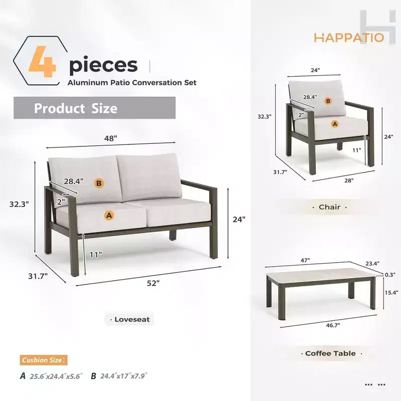 Set da conversazione per patio HAPPATIO, set di mobili da patio a 4 pezzi in alluminio di grandi dimensioni con schienale in corda intrecciata per giardino, portico, balcone
