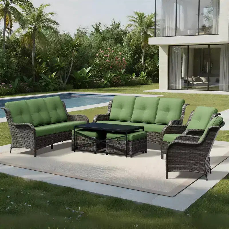 Set Divano Premium da Esterno UPTIOT con Sedie in Vimini, Pouf e Tavolino da Caffè