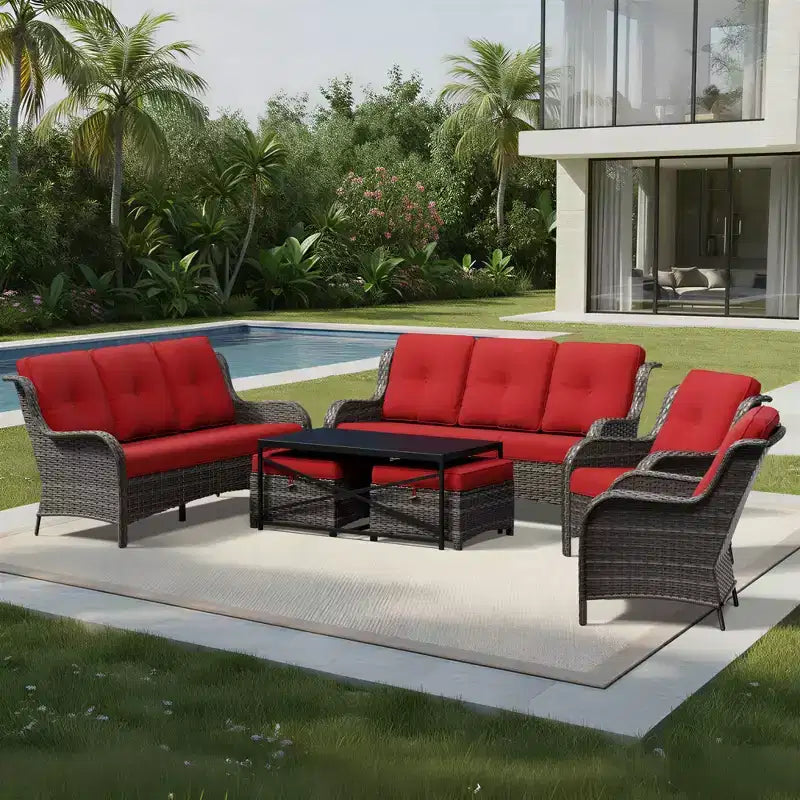 Set Divano Premium da Esterno UPTIOT con Sedie in Vimini, Pouf e Tavolino da Caffè