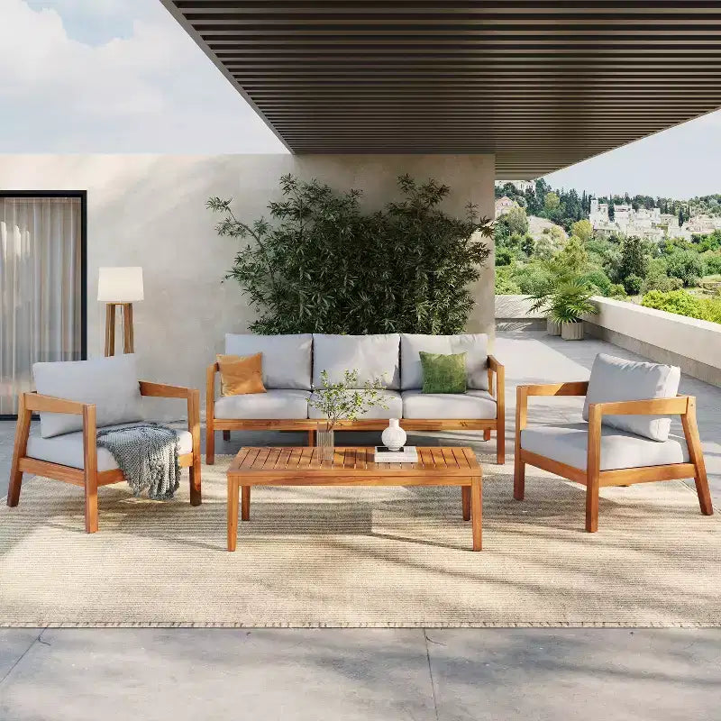 Christopher Knight Home Phachara Set da 4 Pezzi da Patio Moderno in Legno di Acacia con Cuscini e Tavolo a Doghe