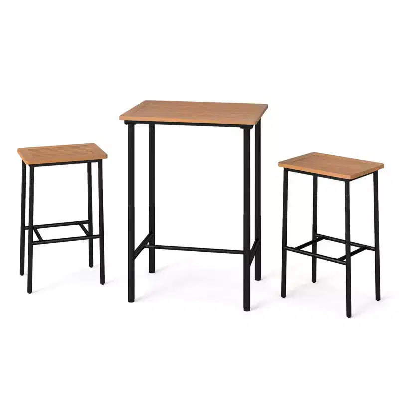Costway Set Bar da Esterno 3 Pezzi in Legno di Acacia, Altezza Bar con Telaio in Metallo per Balcone