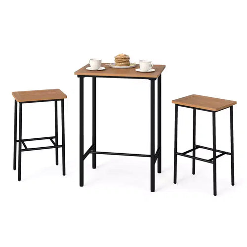 Costway Set Bar da Esterno 3 Pezzi in Legno di Acacia, Altezza Bar con Telaio in Metallo per Balcone