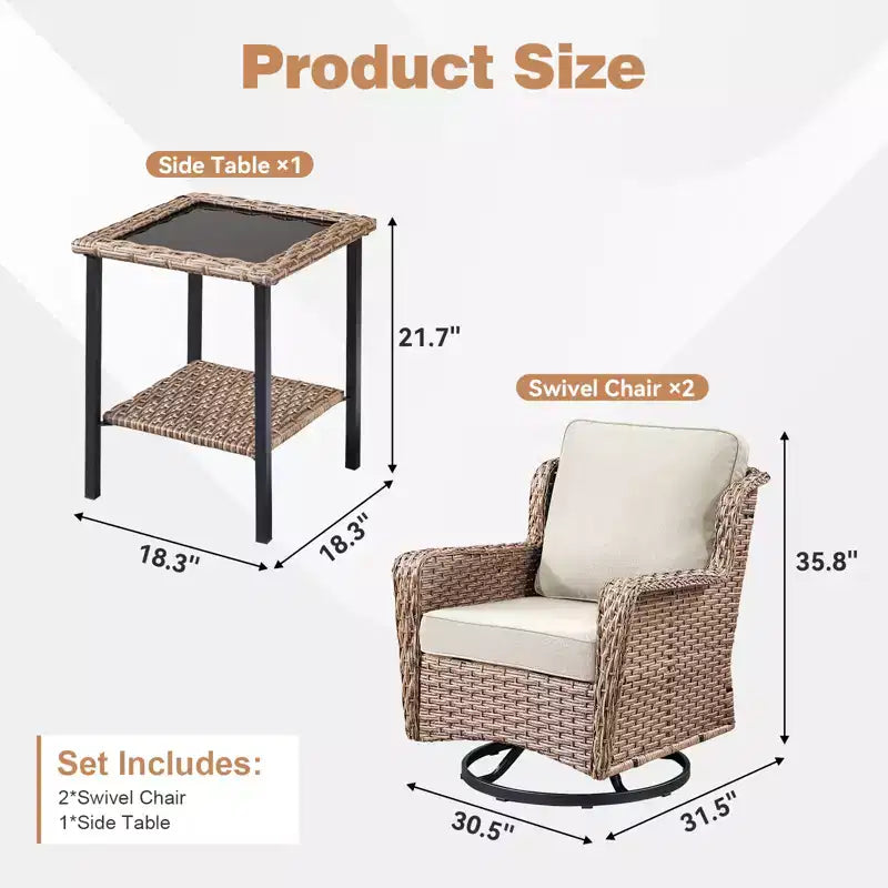 GDFStudio Luelle 3 Piece Outdoor Swivel Glider Chat Set with Cushions and Side Table