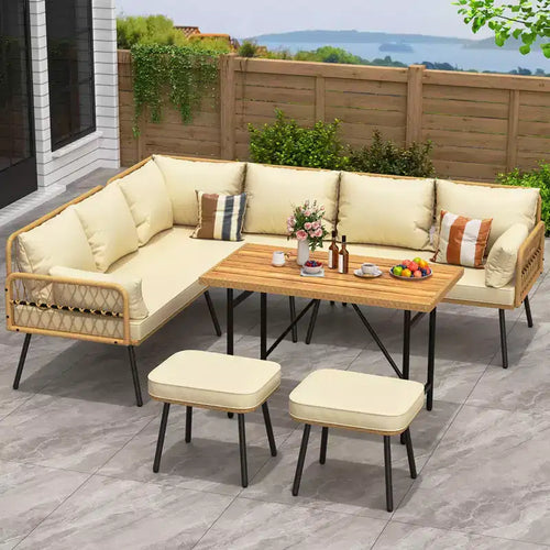 Set da conversazione da patio in vimini da 6 pezzi con tavolo, set divano sezionale a L da esterno con cuscini, set di divani da conversazione in rattan boho per tutte le stagioni