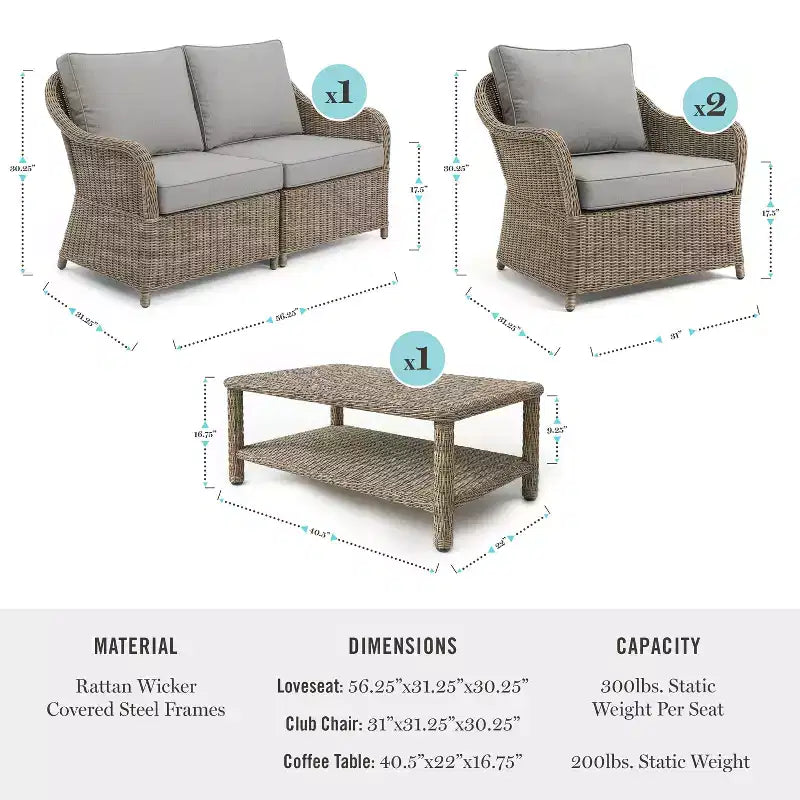 Set da salotto Martha Stewart All-Weather in rattan, divanetto, 2 sedie, tavolino da caffè - Grigio anticato
