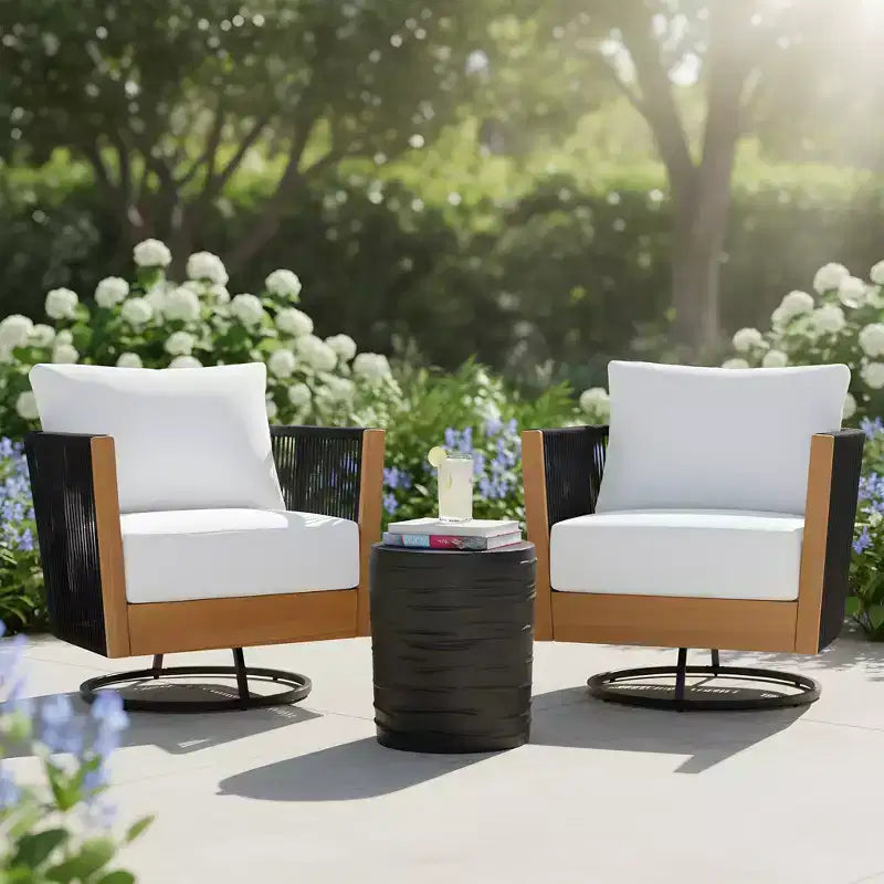 Christopher Knight Home Ananda Modern 3 Piece Acacia Patio Swivel Chairs with Rope Design and Table Set