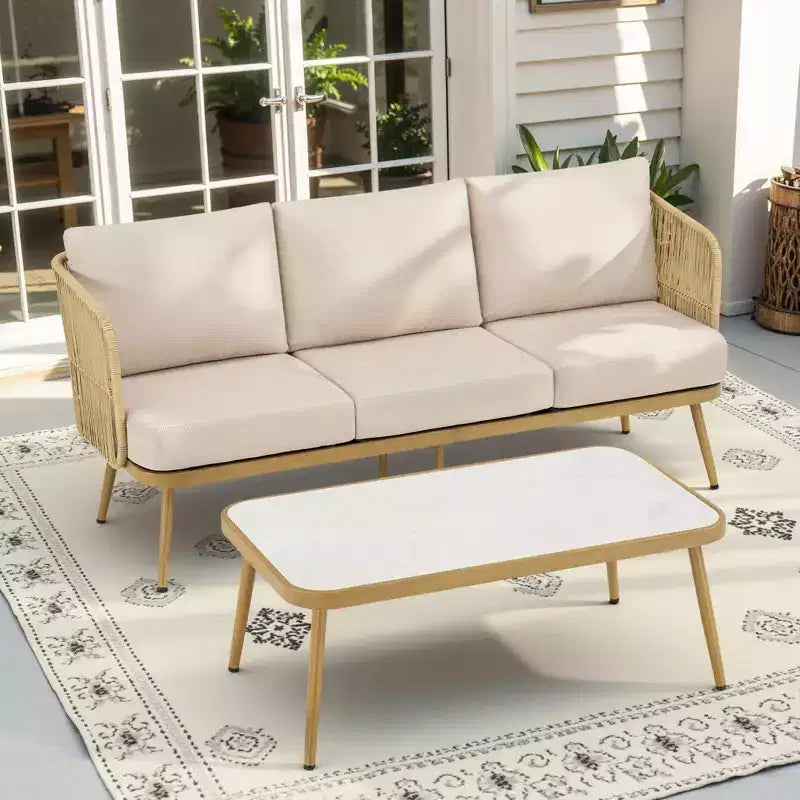 GDFStudio Ralph Outdoor Wicker and Steel Chat Set with 3-Seater Sofa and Coffee Table