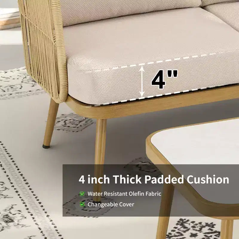 GDFStudio Ralph Outdoor Wicker and Steel Chat Set with 3-Seater Sofa and Coffee Table