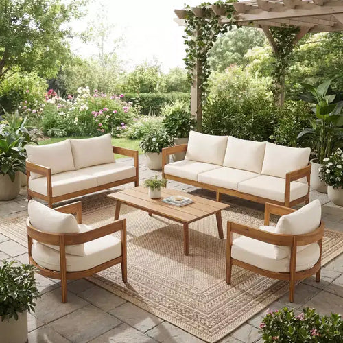 Christopher Knight Home Safira Set da Conversazione da Esterno Rustico in Legno di Acacia a 5 Pezzi con Cuscini Spessi