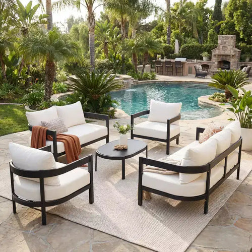 Christopher Knight Home Althea 5 Piece Modern Outdoor Curved Aluminum Conversation Set with Glass Coffee Table