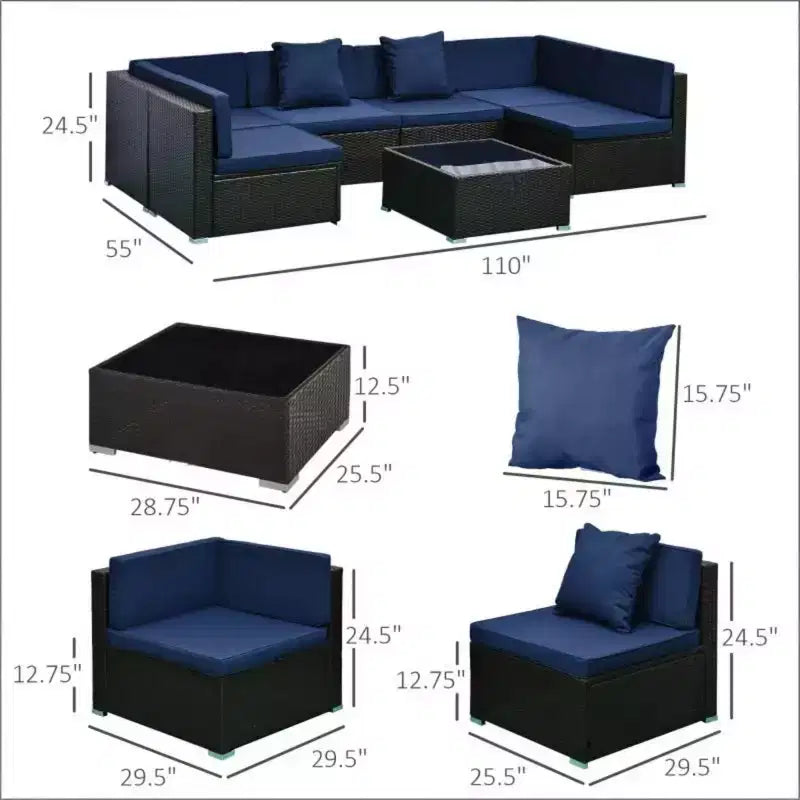 GDFStudio Halstead Set Divano Sezionale da Esterno a 7 Pezzi in Rattan con Tavolino da Caffè in Vetro Temperato