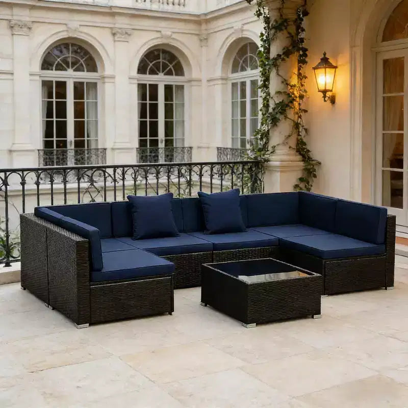 GDFStudio Halstead Set Divano Sezionale da Esterno a 7 Pezzi in Rattan con Tavolino da Caffè in Vetro Temperato