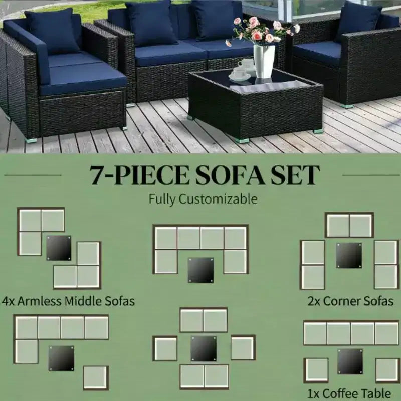 GDFStudio Halstead Set Divano Sezionale da Esterno a 7 Pezzi in Rattan con Tavolino da Caffè in Vetro Temperato