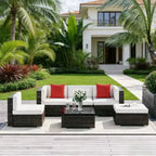 GDFStudio Paige 6-Piece Outdoor Conversation Sofa Set with Ottoman and Tempered Glass Coffee Table