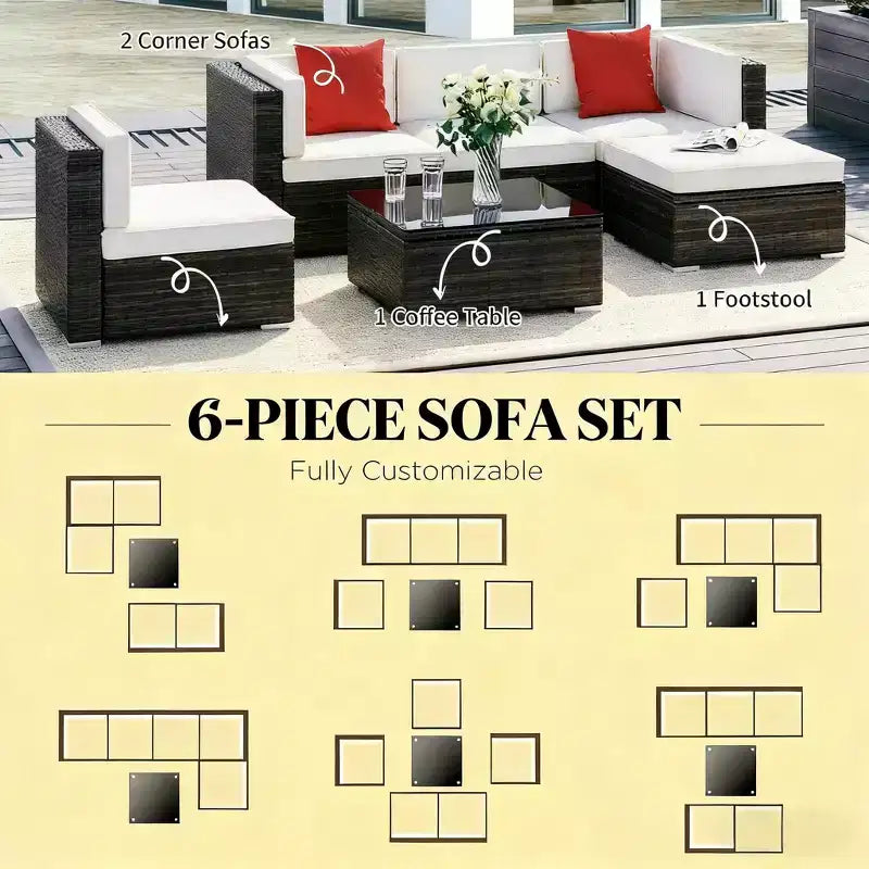 GDFStudio Paige Set Divano da Esterno 6 Pezzi con Pouf e Tavolino da Caffè in Vetro Temperato
