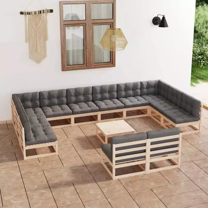 vidaXL Garden Lounge Set Natural wood, Grey cushions Solid pine wood Large