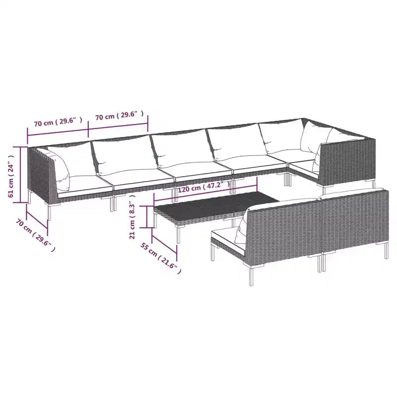 vidaXL Set da Salotto da Giardino Grigio Scuro Acciaio verniciato a polvere, rattan PE a mezzaluna