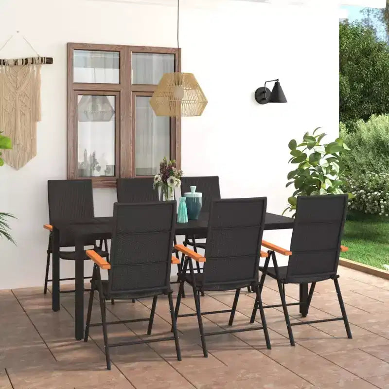 Set da pranzo vidaXL 7 pezzi nero e marrone in WPC, alluminio, rattan PE
