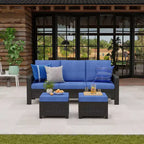 GDFStudio Byron Modern 3-Piece Wicker Outdoor Chat Set with 3-Seat Sofa and 2 Ottomans