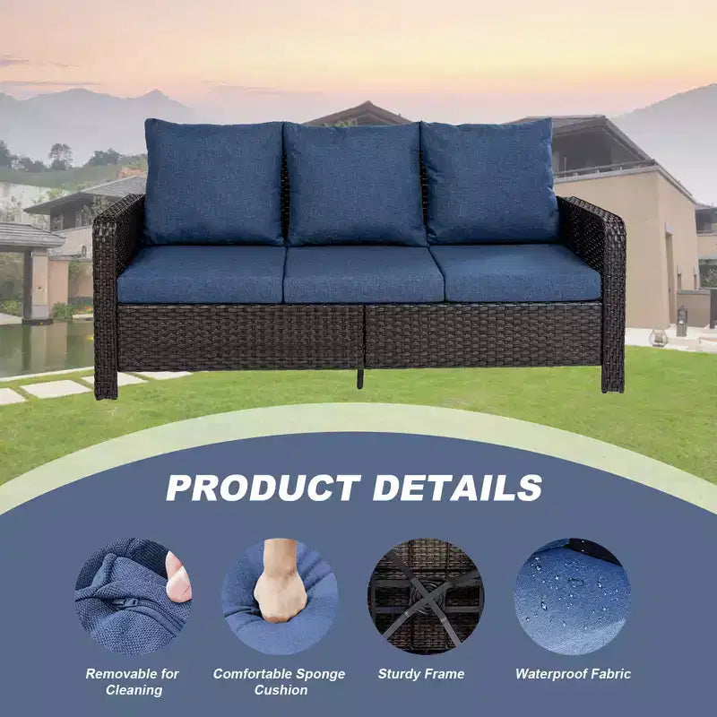 GDFStudio Byron Modern 3-Piece Wicker Outdoor Chat Set with 3-Seat Sofa and 2 Ottomans