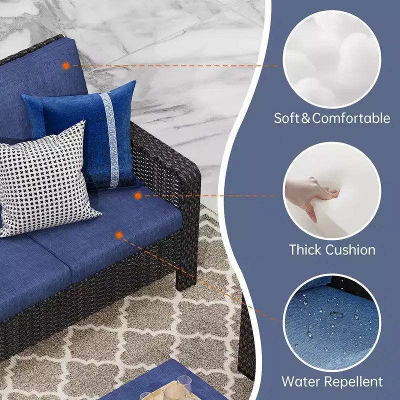 GDFStudio Byron Modern 3-Piece Wicker Outdoor Chat Set with 3-Seat Sofa and 2 Ottomans