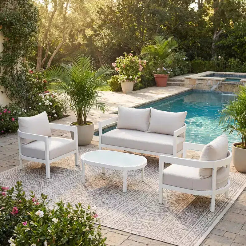 GDFStudio Estella 4 Piece Modern Outdoor Aluminum Conversation Set with Glass Coffee Table