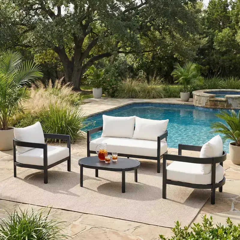 GDFStudio Estella 4 Piece Modern Outdoor Aluminum Conversation Set with Glass Coffee Table