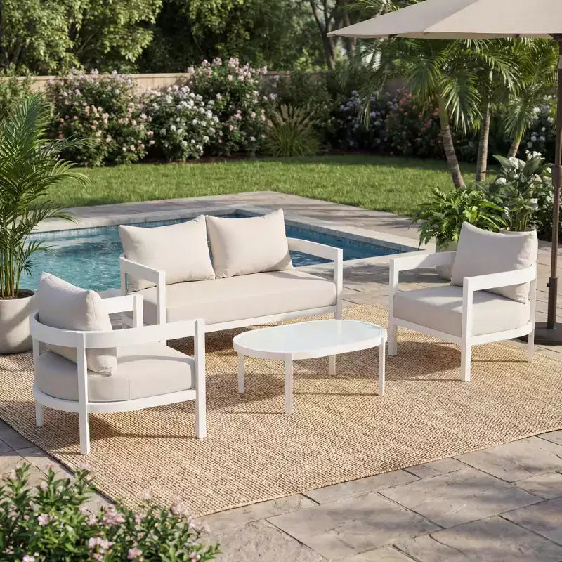 GDFStudio Estella 4 Piece Modern Outdoor Aluminum Conversation Set with Glass Coffee Table