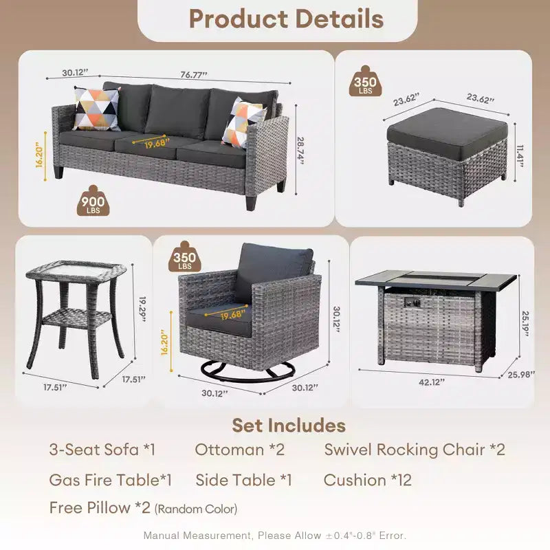 HOMLUX 7-Pc Outdoor Patio Set with Fire Pit Table, Sofa, Swivel Chairs & Ottoman
