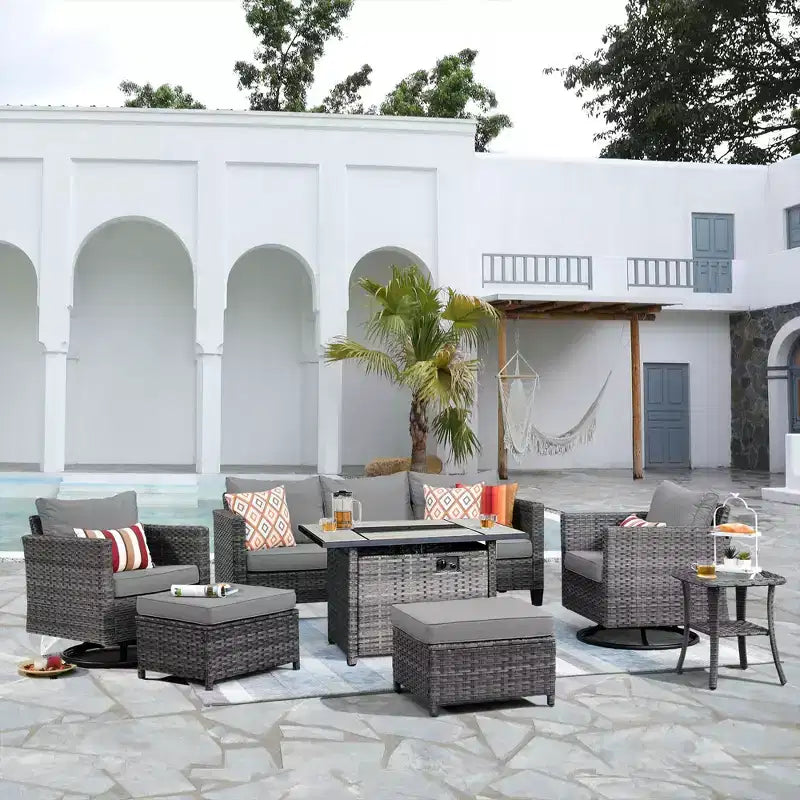 HOMLUX 7-Pc Outdoor Patio Set with Fire Pit Table, Sofa, Swivel Chairs & Ottoman