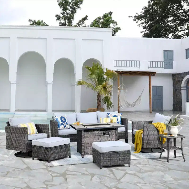 HOMLUX 7-Pc Outdoor Patio Set with Fire Pit Table, Sofa, Swivel Chairs & Ottoman