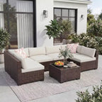 7-Piece Patio Sectional Sofa Set  Iron Frame, Brown Gradient Wicker, Beige Cushions  Outdoor Conversation Set with Storage Table & Ottoman