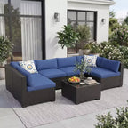 7-Piece Patio Sectional Sofa Set  Iron Frame, Brown Gradient Wicker, Beige Cushions  Outdoor Conversation Set with Storage Table & Ottoman