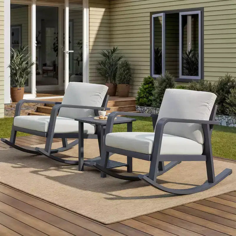 GDFStudio Malan Modern 3-Piece Aluminium Rocking Chair Set with Coffee Table